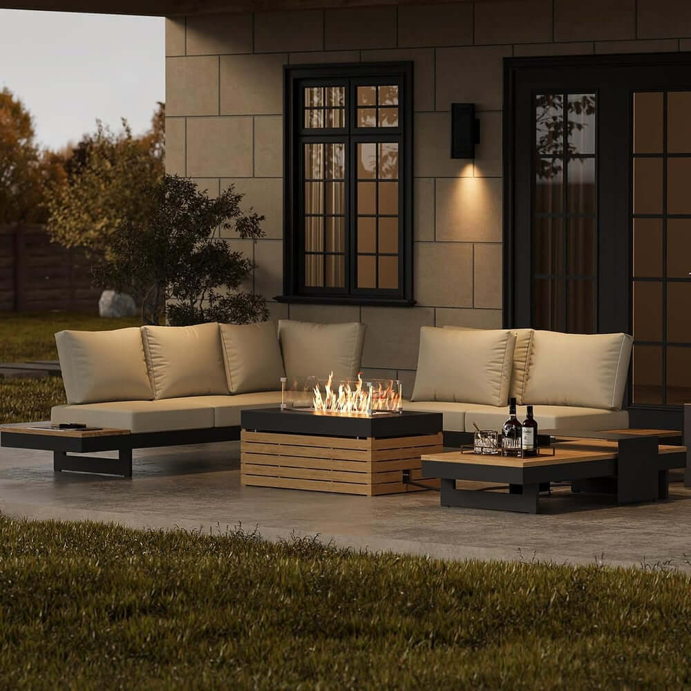 Modern Teak Wood Outdoor Sectional Sofa Set with Coffee Table