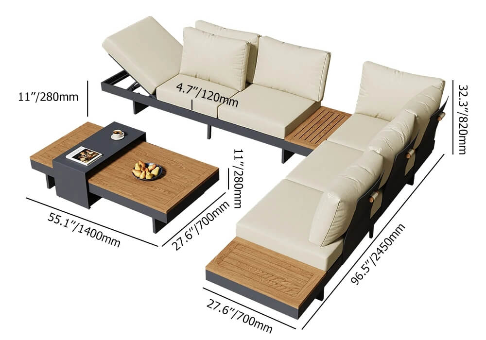 Modern Teak Wood Outdoor Sectional Sofa Set with Coffee Table Dimensions