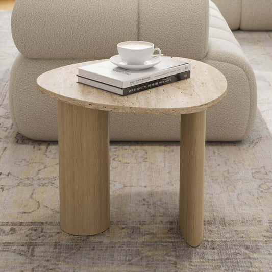 Modern Travertine Side Table With Double Pedestal Base