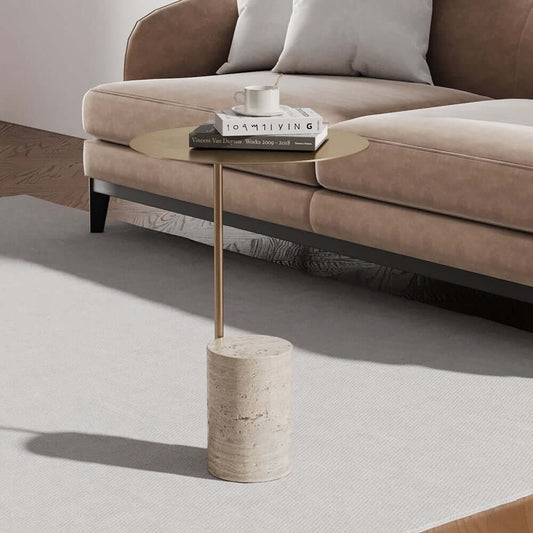 Modern Travertine Side Table With Gold Stainless Steel Top