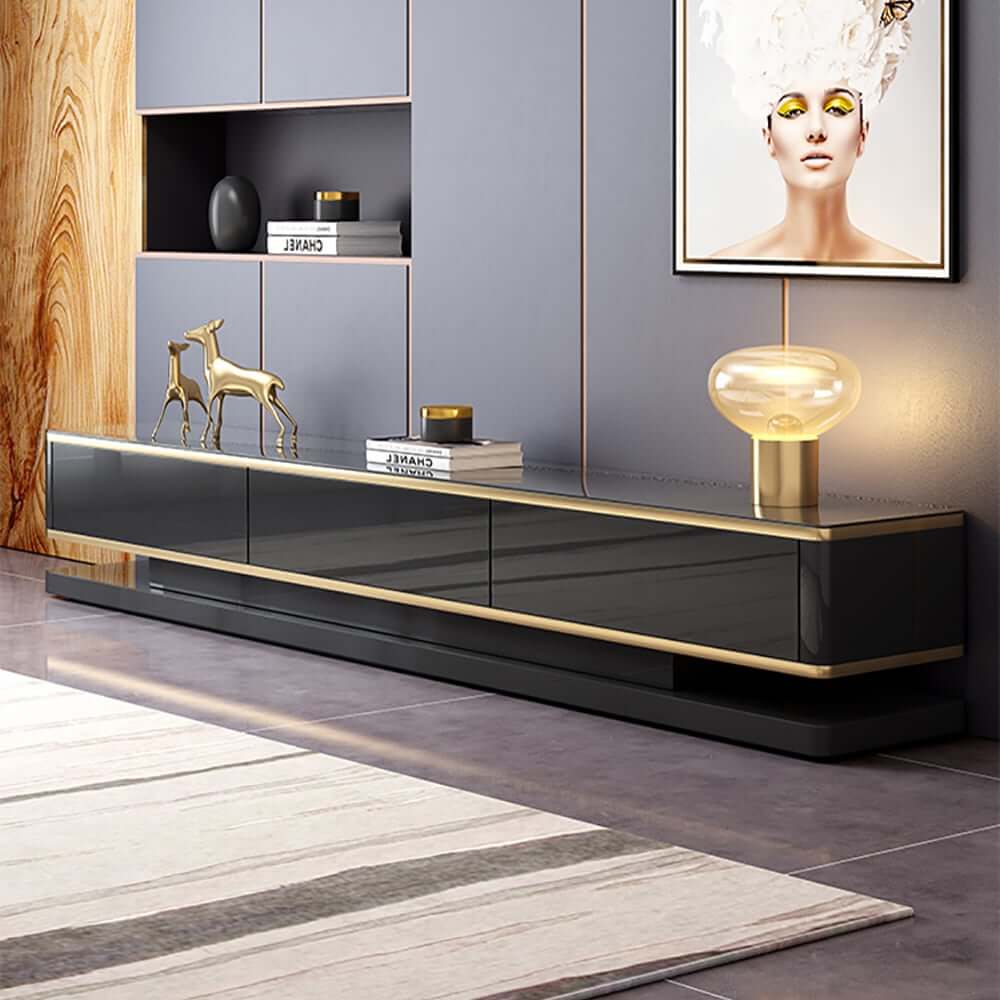 Modern TV Stand With Drawers, Tempered Glass Top