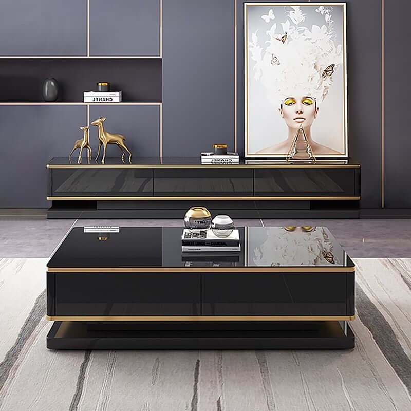 Modern TV Stand With Drawers, Tempered Glass Top