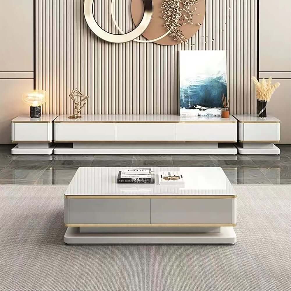 Modern TV Stand With Drawers, Tempered Glass Top