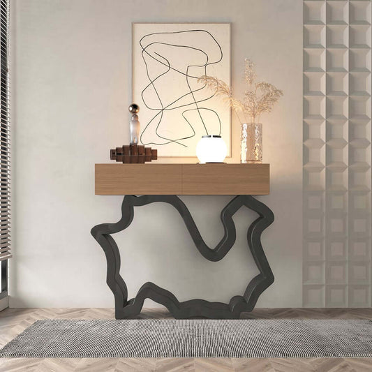 Modern Two-Tone Walnut Console Table with Black Metal Base