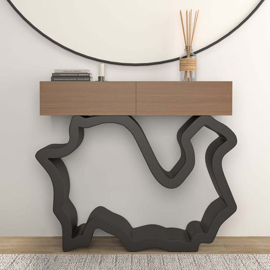 Modern Two-Tone Walnut Console Table with Black Metal Base Main Product Image