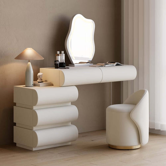 Modern Vanity Set with LED Mirror and PU Leather Stool