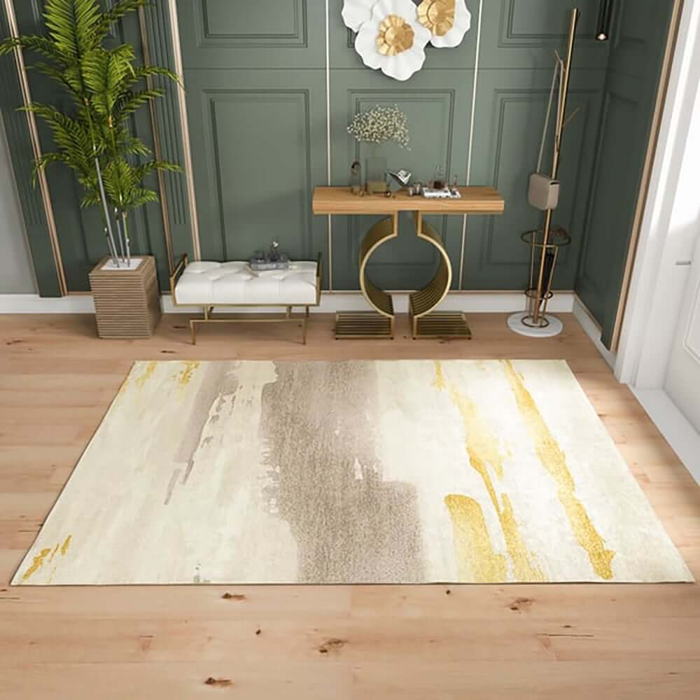 Modern Velvet Abstract Rug in Gray and Gold for Living Room