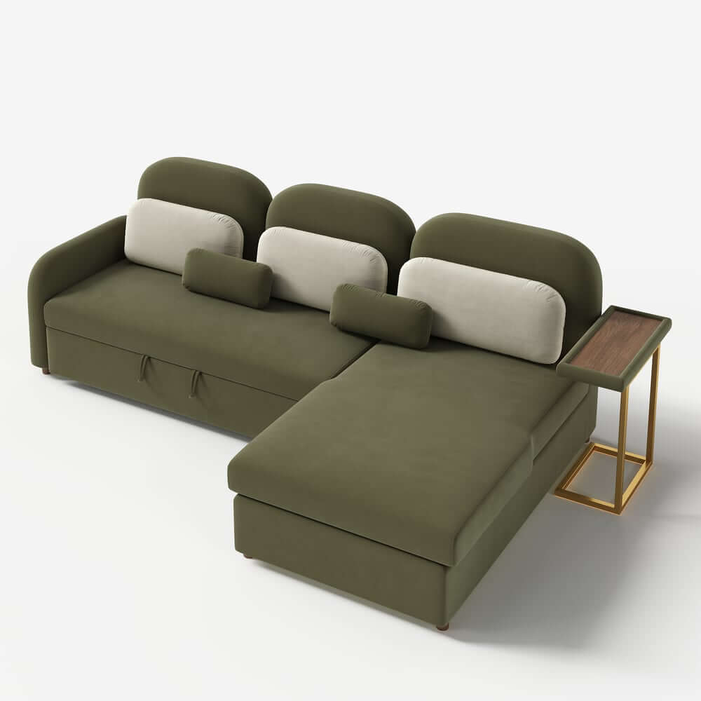 Modern Velvet Green Chaise Sectional Sofa with Pull Out Bed