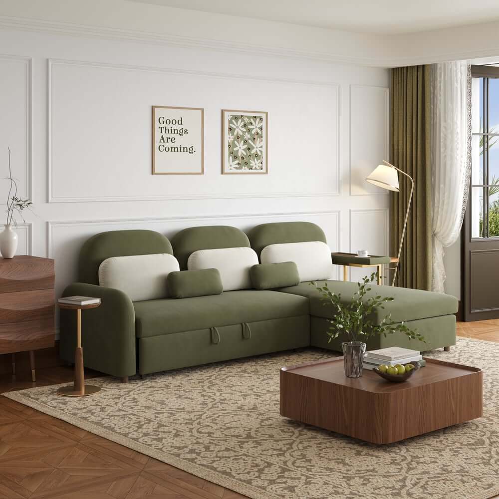 Modern Velvet Green Chaise Sectional Sofa with Pull Out Bed