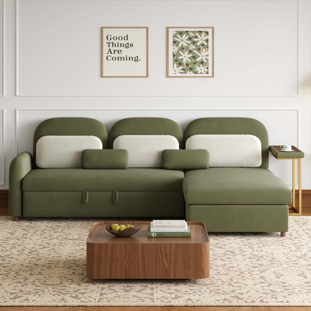 Modern Velvet Green Chaise Sectional Sofa with Pull Out Bed