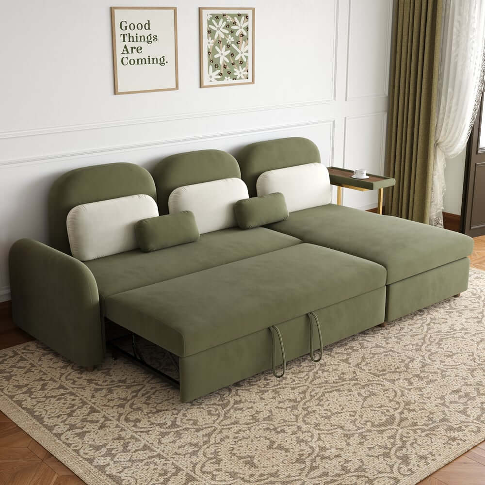 Modern Velvet Green Chaise Sectional Sofa with Pull Out Bed