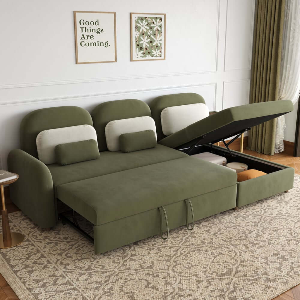 Modern Velvet Green Chaise Sectional Sofa with Pull Out Bed Main Product Image