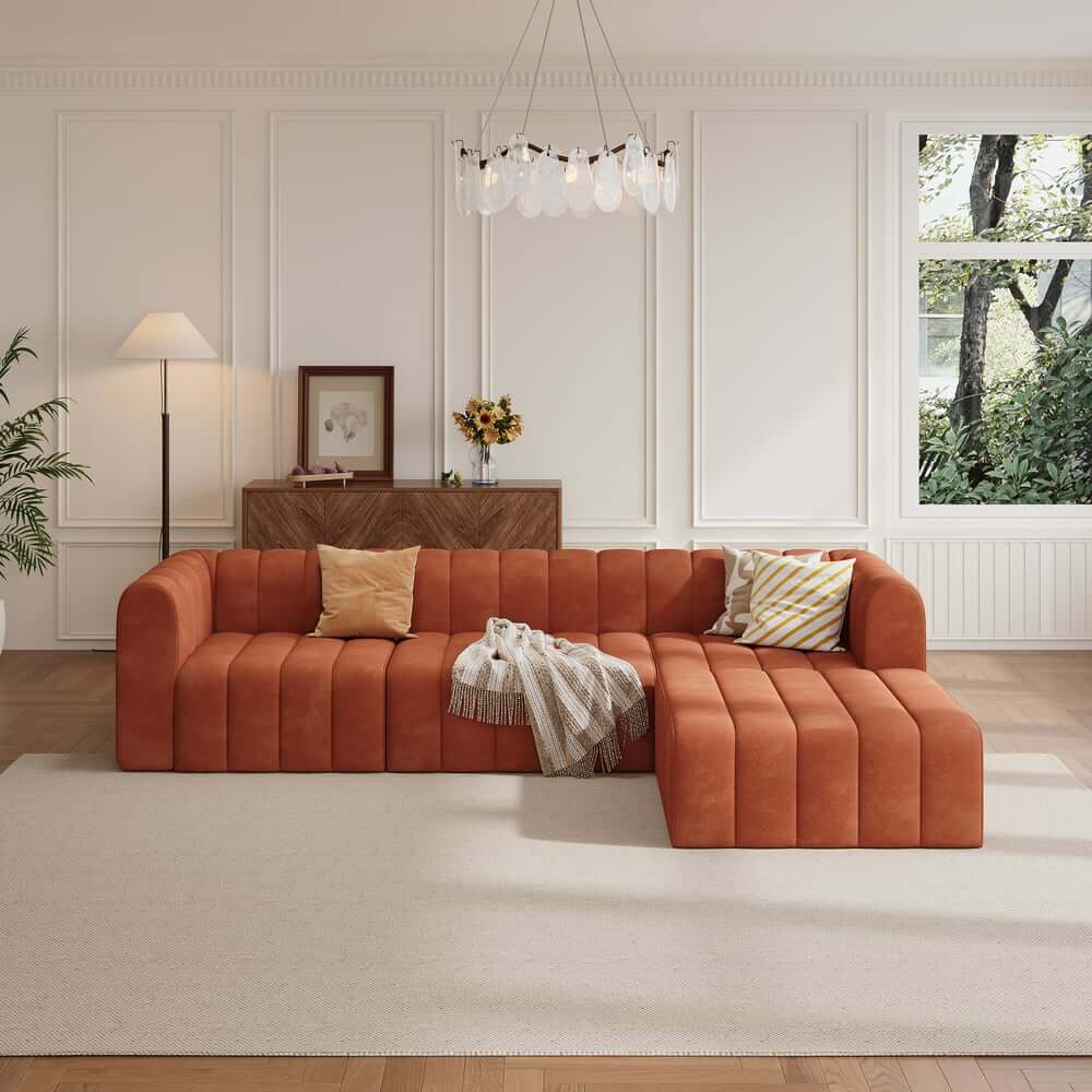 Modern Velvet L-Shaped Modular Sofa With Ottoman