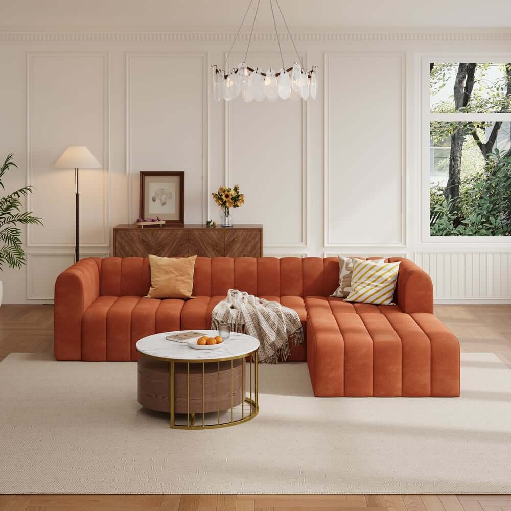 Modern Velvet L-Shaped Modular Sofa With Ottoman