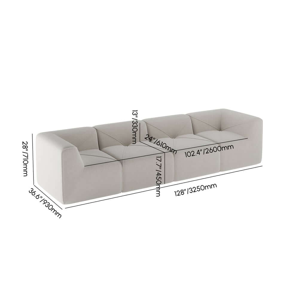 Modern Velvet Modular Sectional Sofa, White, 4-Piece Set Dimensions