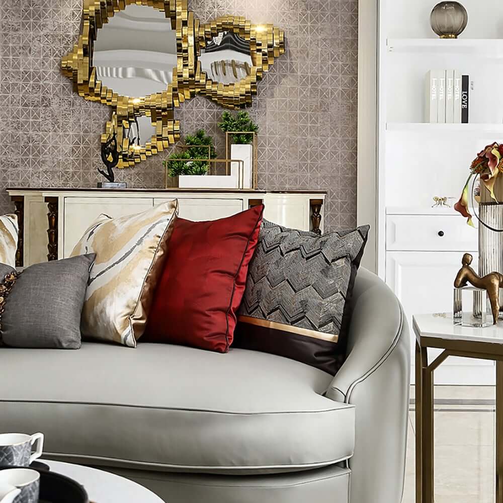 Modern Velvet Pillow Cover with Geometric Pattern and Gold Accents