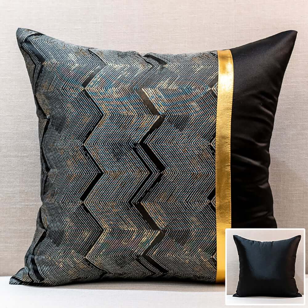 Modern Velvet Pillow Cover with Geometric Pattern and Gold Accents