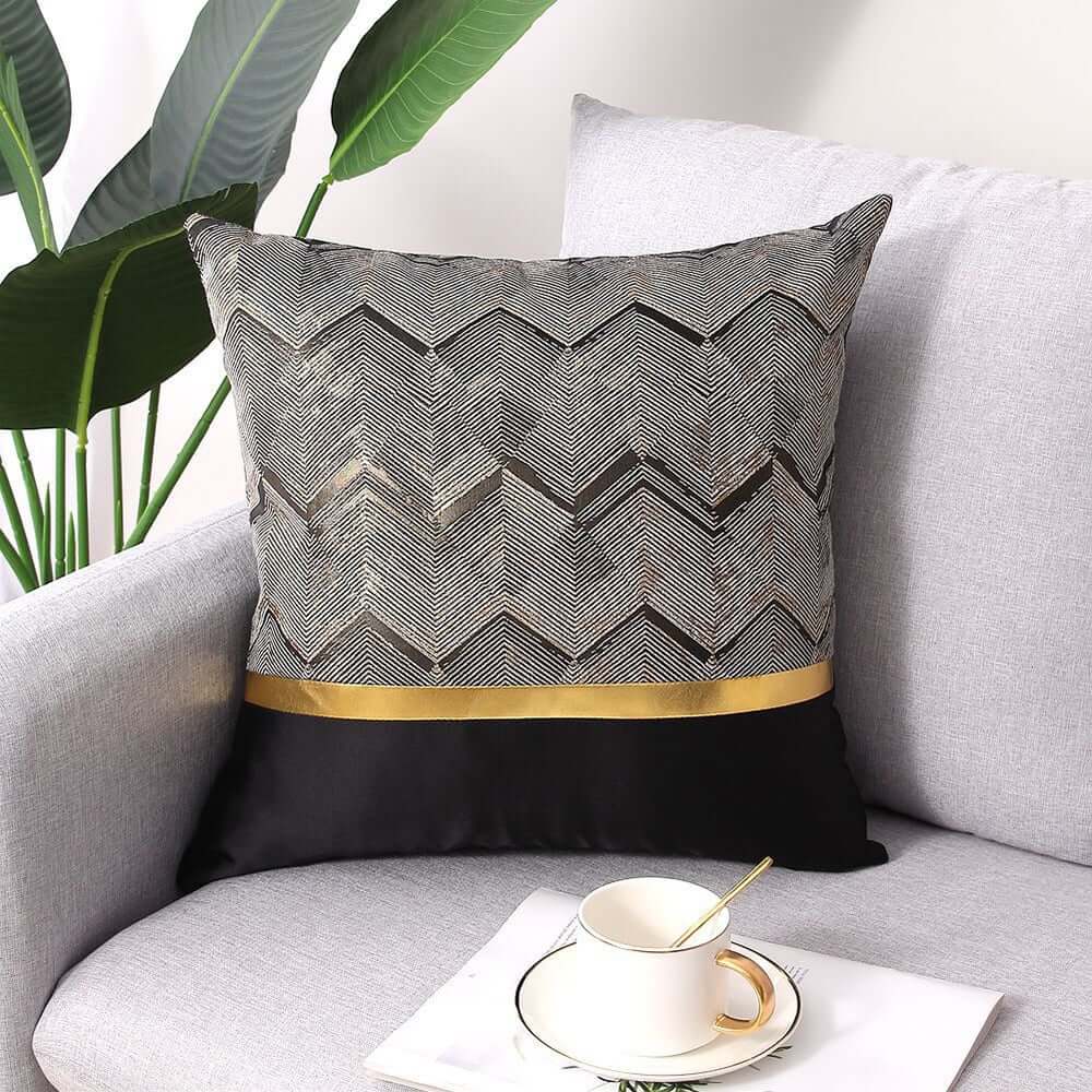 Modern Velvet Pillow Cover with Geometric Pattern and Gold Accents Main Product Image
