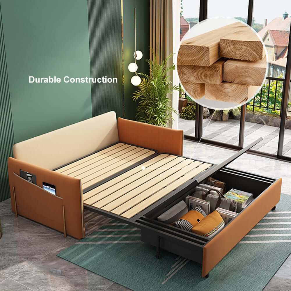 Modern Velvet Sofa Bed With Storage And Square Arms