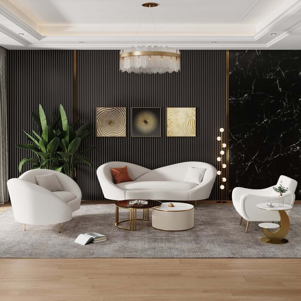 Modern Velvet Sofa With Gold Legs - Rust & Warm White