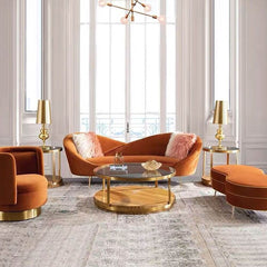 Modern Velvet Sofa With Gold Legs - Rust & Warm White