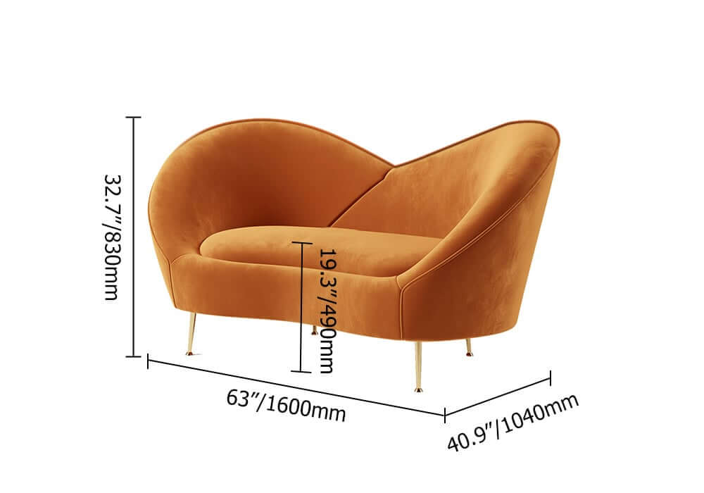 Modern Velvet Sofa With Gold Legs - Rust & Warm White Dimensions