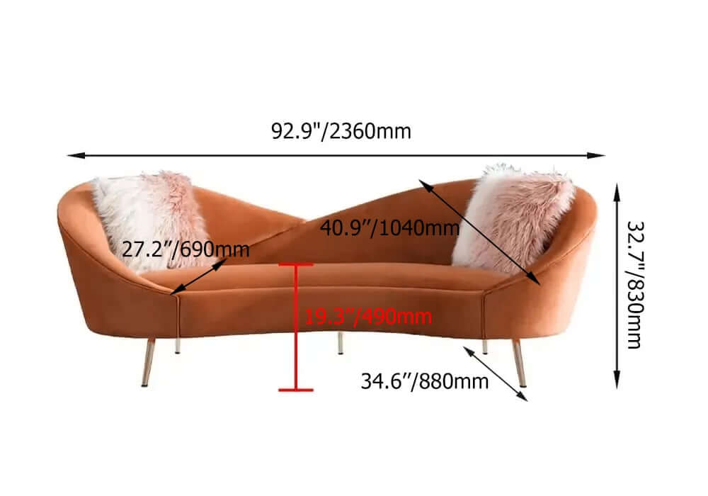 Modern Velvet Sofa With Gold Legs - Rust & Warm White Dimensions