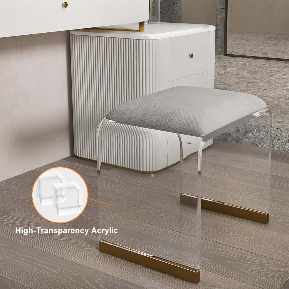 Modern Velvet Vanity Stool with Acrylic and Gold Legs