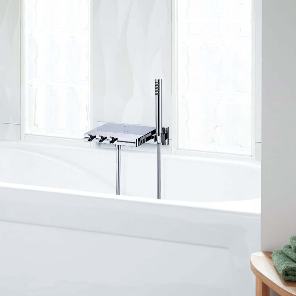 Modern Wall Mount Brass Tub Filler with Handshower and Waterfall Spout Main Product Image