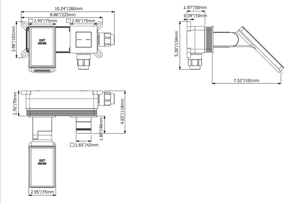 Modern Wall Mounted Bathroom Faucet with LED Temperature Display Dimensions