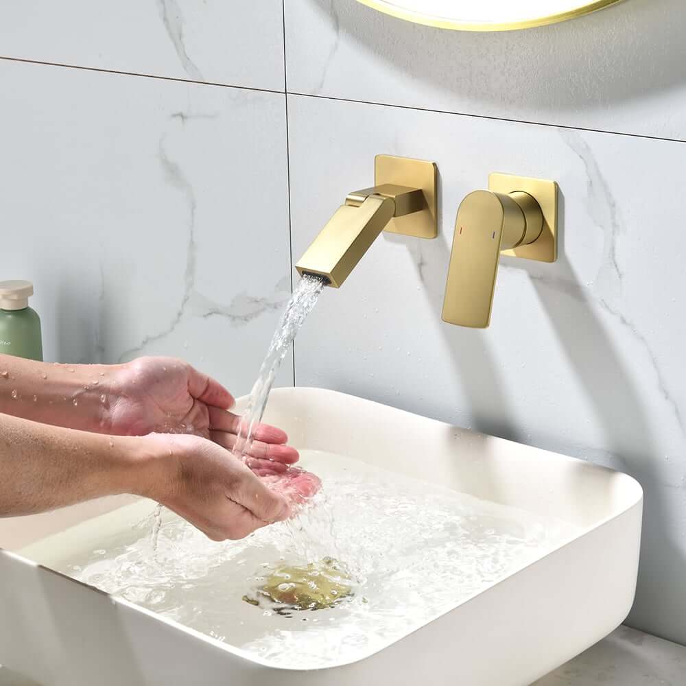 Modern Wall Mounted Bathroom Faucet with Waterfall Spout and Brushed Gold Finish