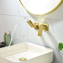 Modern Wall Mounted Bathroom Faucet with Waterfall Spout and Brushed Gold Finish