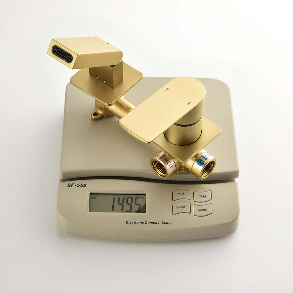 Modern Wall Mounted Bathroom Faucet with Waterfall Spout and Brushed Gold Finish