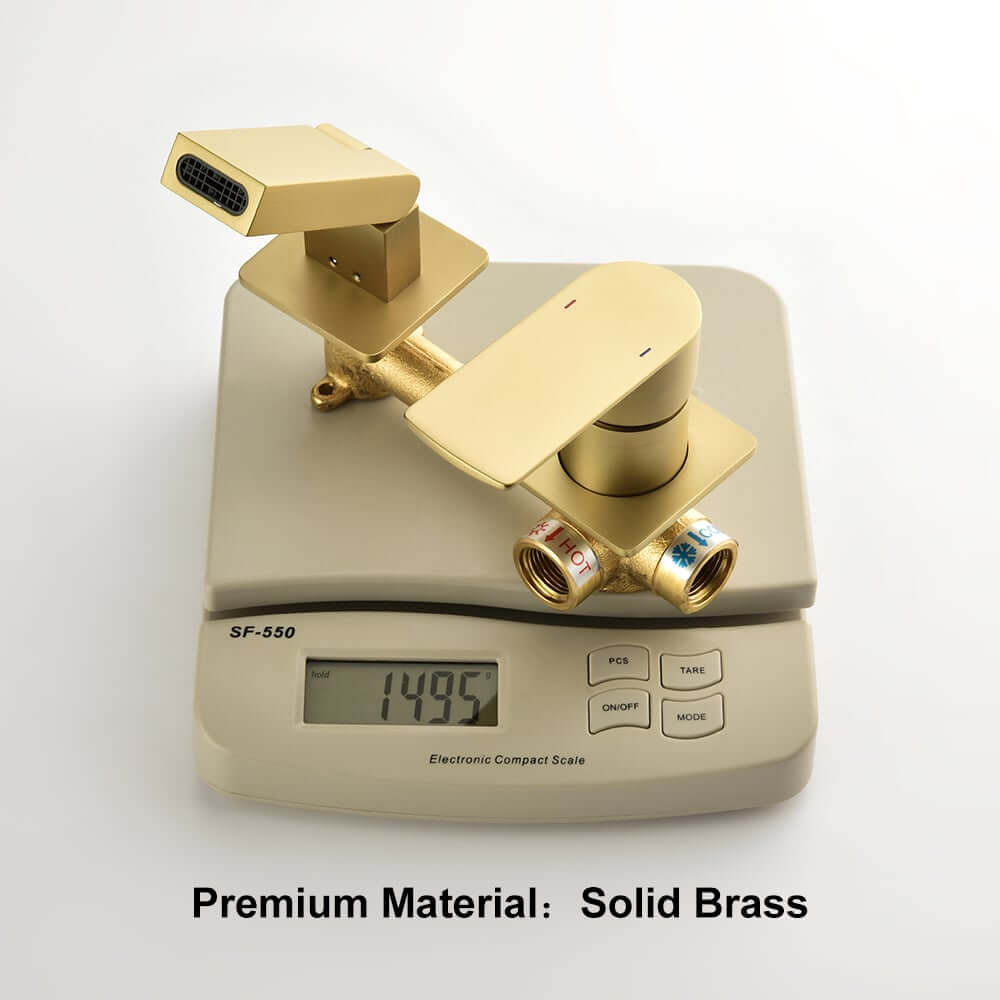 Modern Wall Mounted Bathroom Faucet with Waterfall Spout and Brushed Gold Finish
