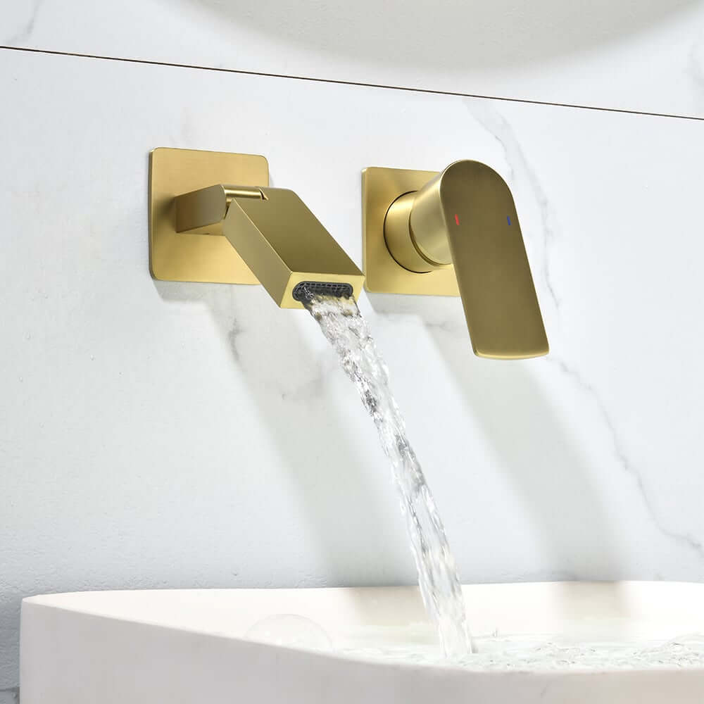 Modern Wall Mounted Bathroom Faucet with Waterfall Spout and Brushed Gold Finish