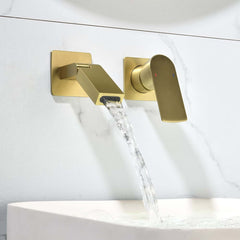 Modern Wall Mounted Bathroom Faucet with Waterfall Spout and Brushed Gold Finish