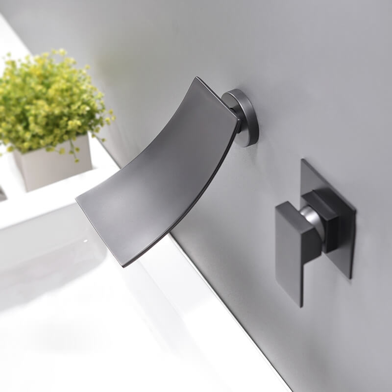 Modern Wall Mounted Bathroom Faucet with Waterfall Spout in Matte Black