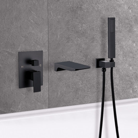 Modern Wall Mounted Bathtub Faucet with Hand Shower in Black