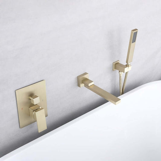 Modern Wall Mounted Bathtub Faucet with Hand Shower in Brushed Gold
