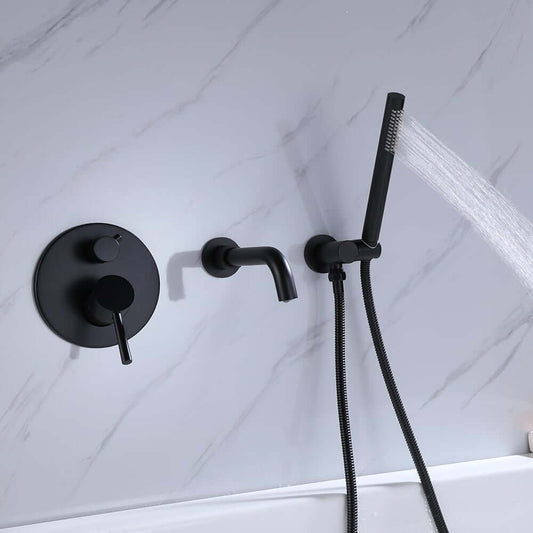 Modern Wall Mounted Bathtub Faucet with Handshower in Matte Black Main Product Image
