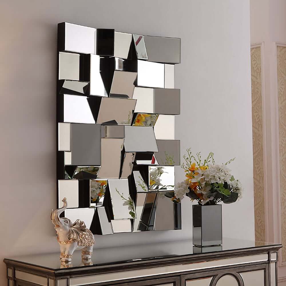 Modern Wall-Mounted Rectangular Mirror with 3D Geometric MDF Frame