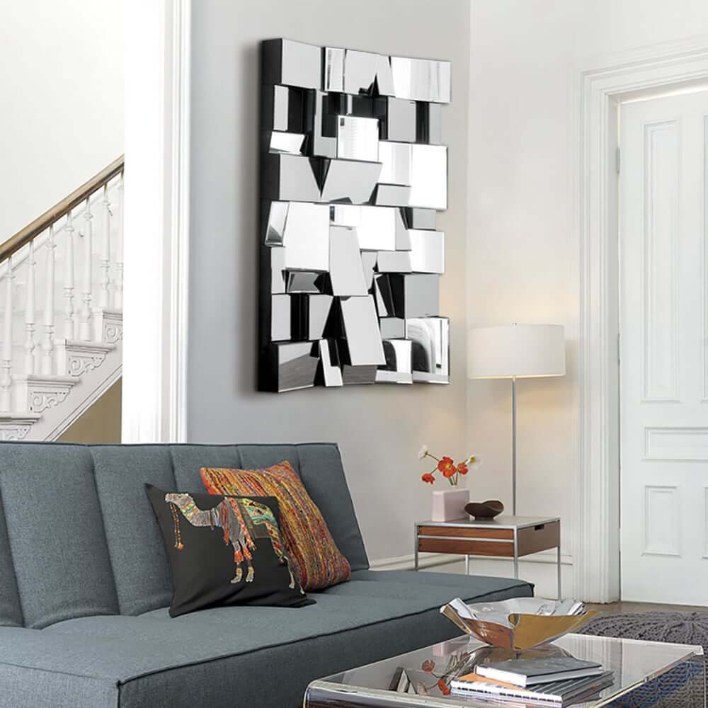 Modern Wall-Mounted Rectangular Mirror with 3D Geometric MDF Frame