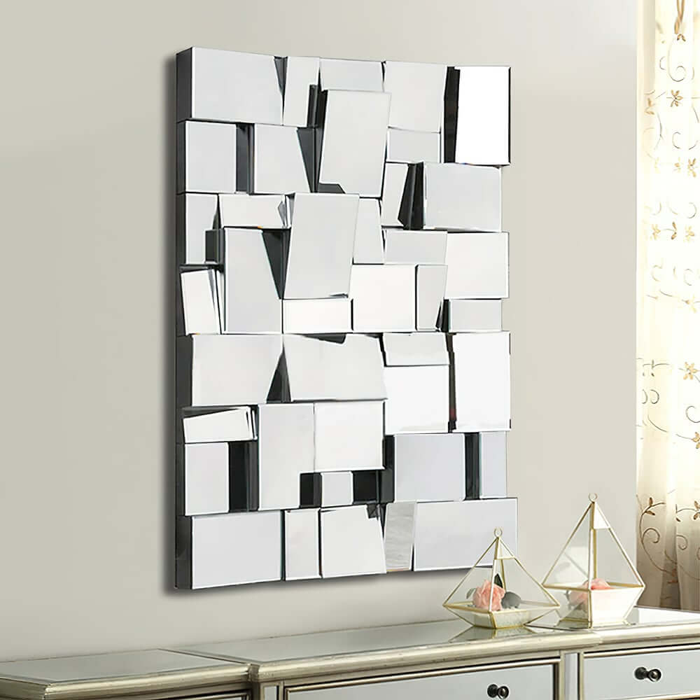 Modern Wall-Mounted Rectangular Mirror with 3D Geometric MDF Frame