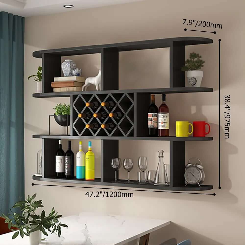 Modern Wall-Mounted Wine Rack With 3 Shelves - Black Dimensions