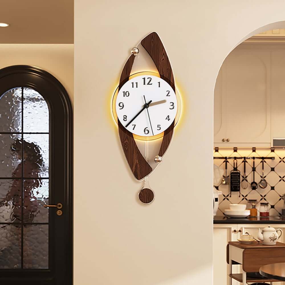 Modern Walnut Acrylic Wall Clock with LED Lighting and Silent Quartz Movement