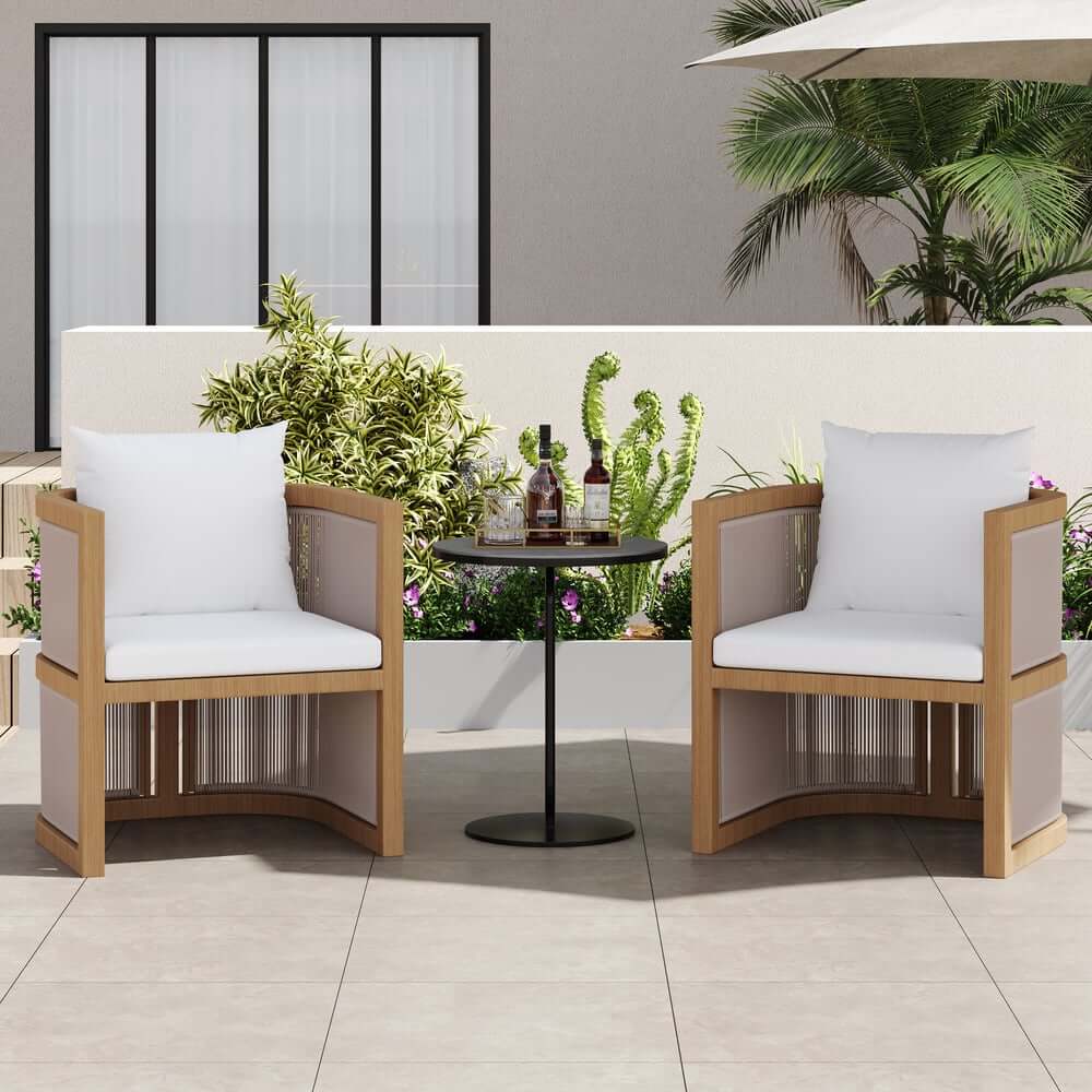 Modern Walnut & Black Aluminum Outdoor Dining Chairs - Set of 2