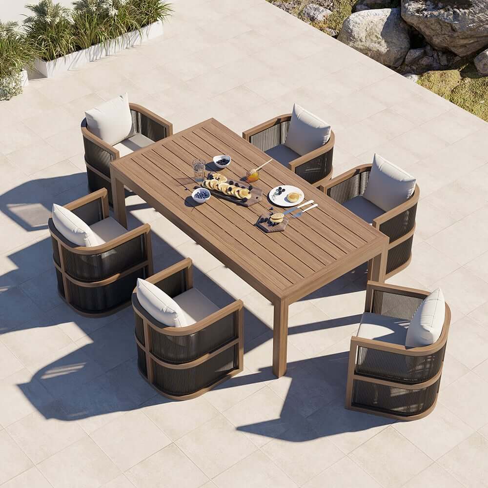 Modern Walnut & Black Aluminum Outdoor Dining Chairs - Set of 2