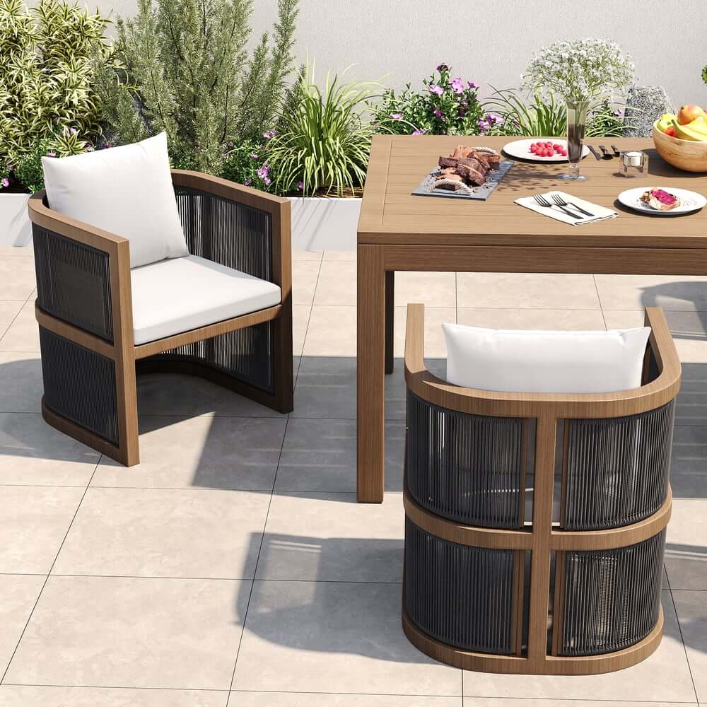 Modern Walnut & Black Aluminum Outdoor Dining Chairs - Set of 2