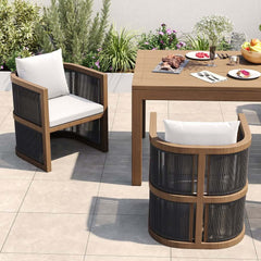 Modern Walnut & Black Aluminum Outdoor Dining Chairs - Set of 2