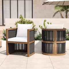 Modern Walnut & Black Aluminum Outdoor Dining Chairs - Set of 2